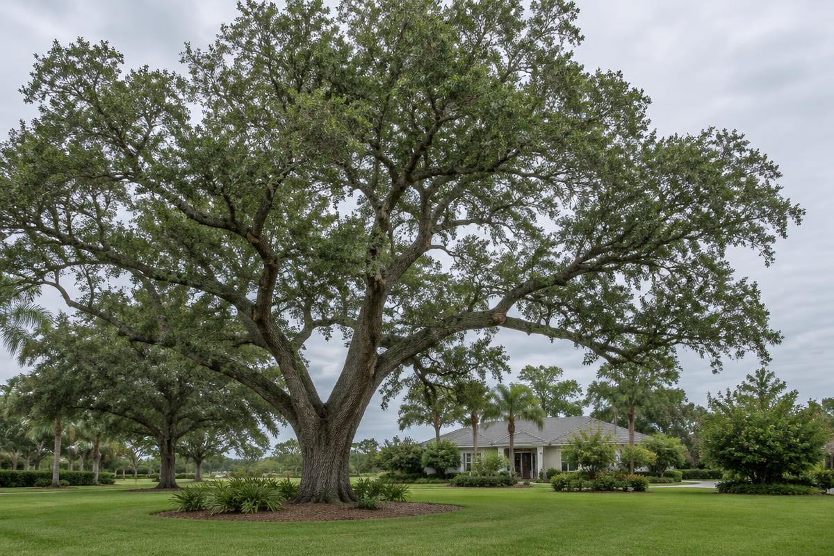 Illustrative image of a pruned live oak with a balanced canopy before storm season