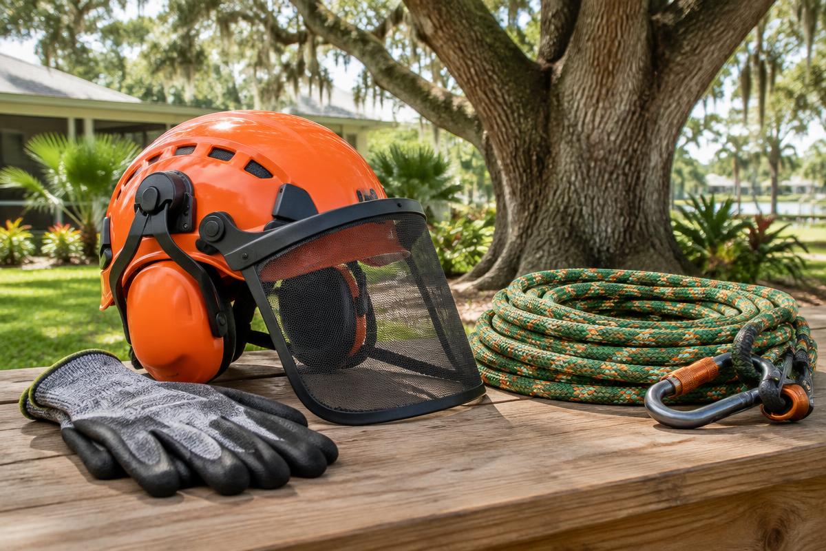Illustrative image of protective helmet, gloves and climbing rope beside an oak