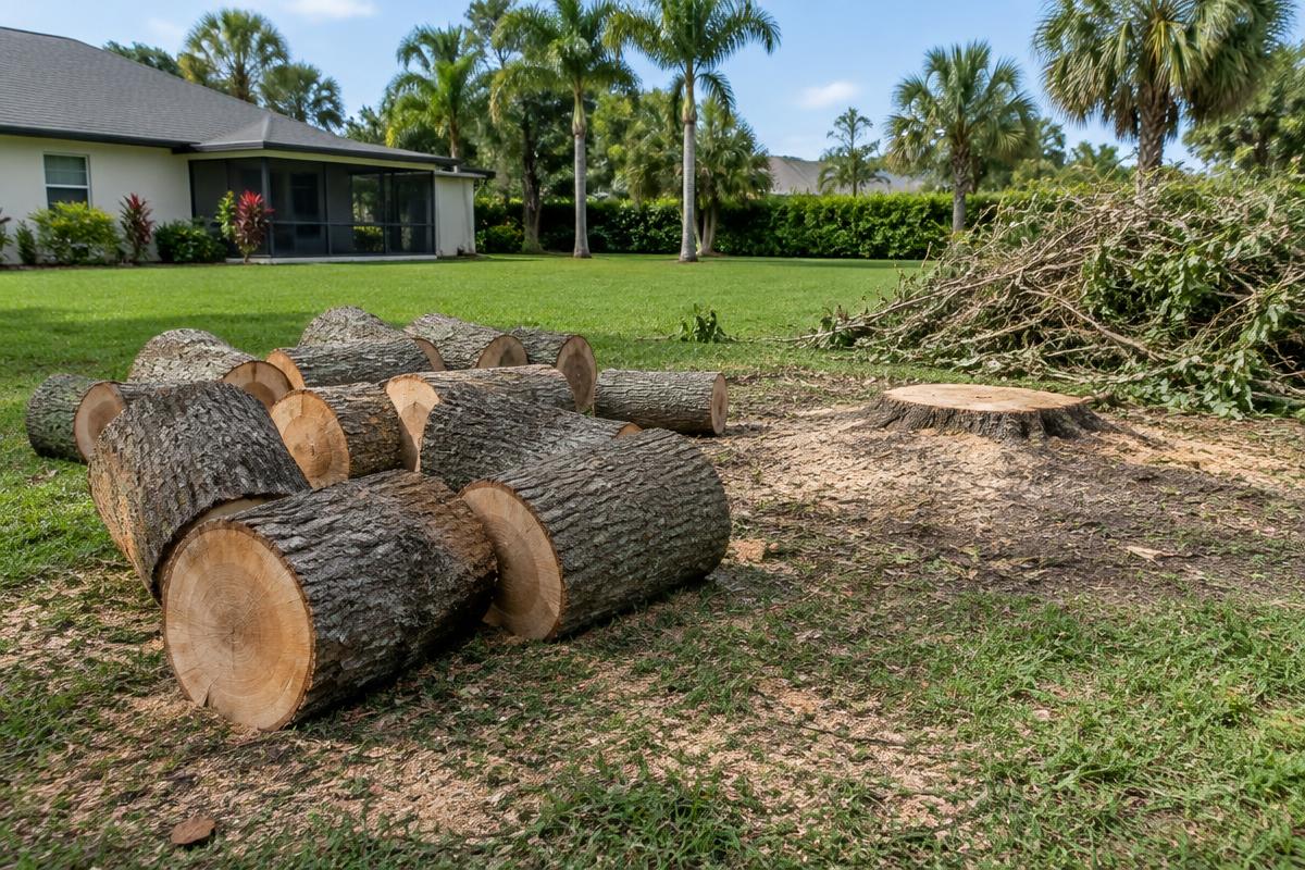 Illustrative image of cut logs and a low stump after tree removal