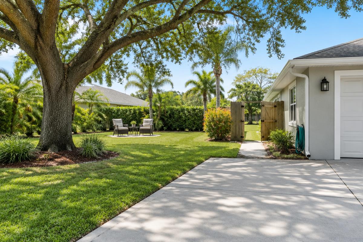 Illustrative image of a clear driveway and open gate prepared for tree service