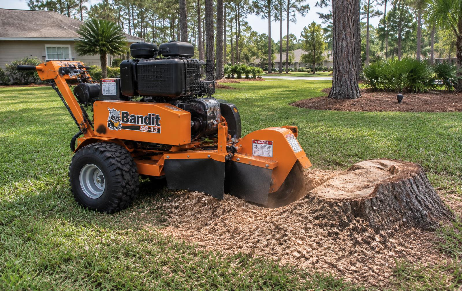 Illustrative image of a stump grinder working on a stump in a Florida yard